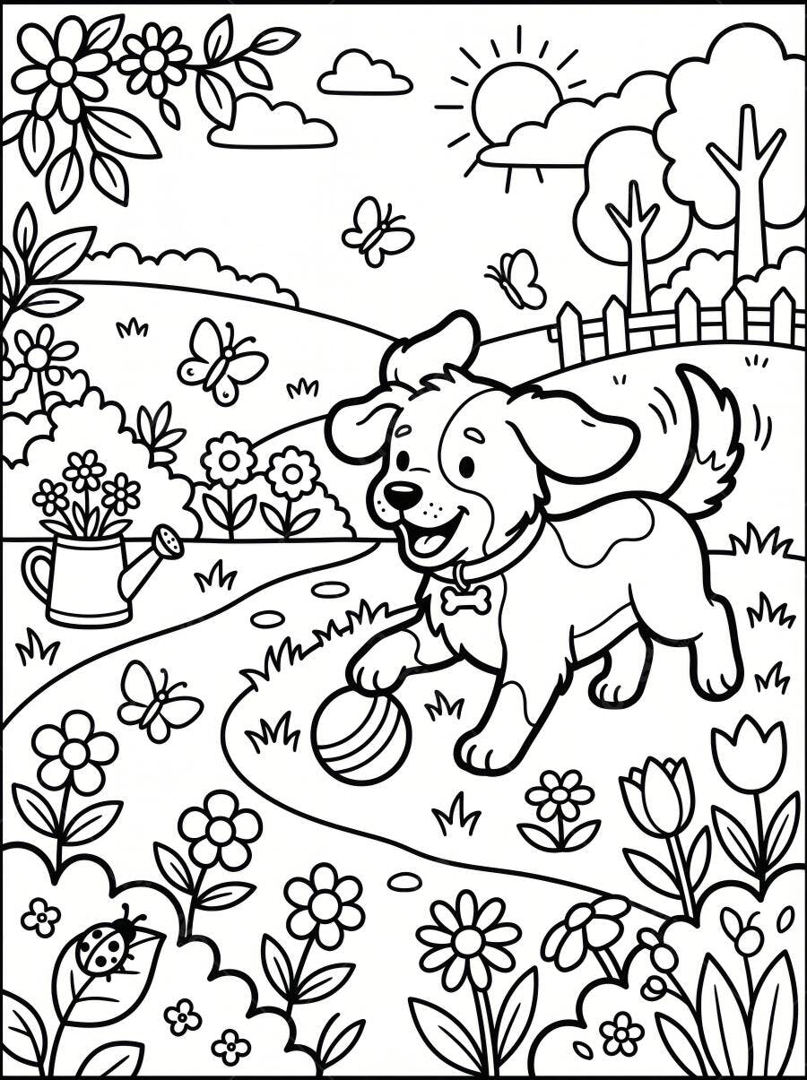 Desenho Cachorro Brincando Bola Jardim Flores