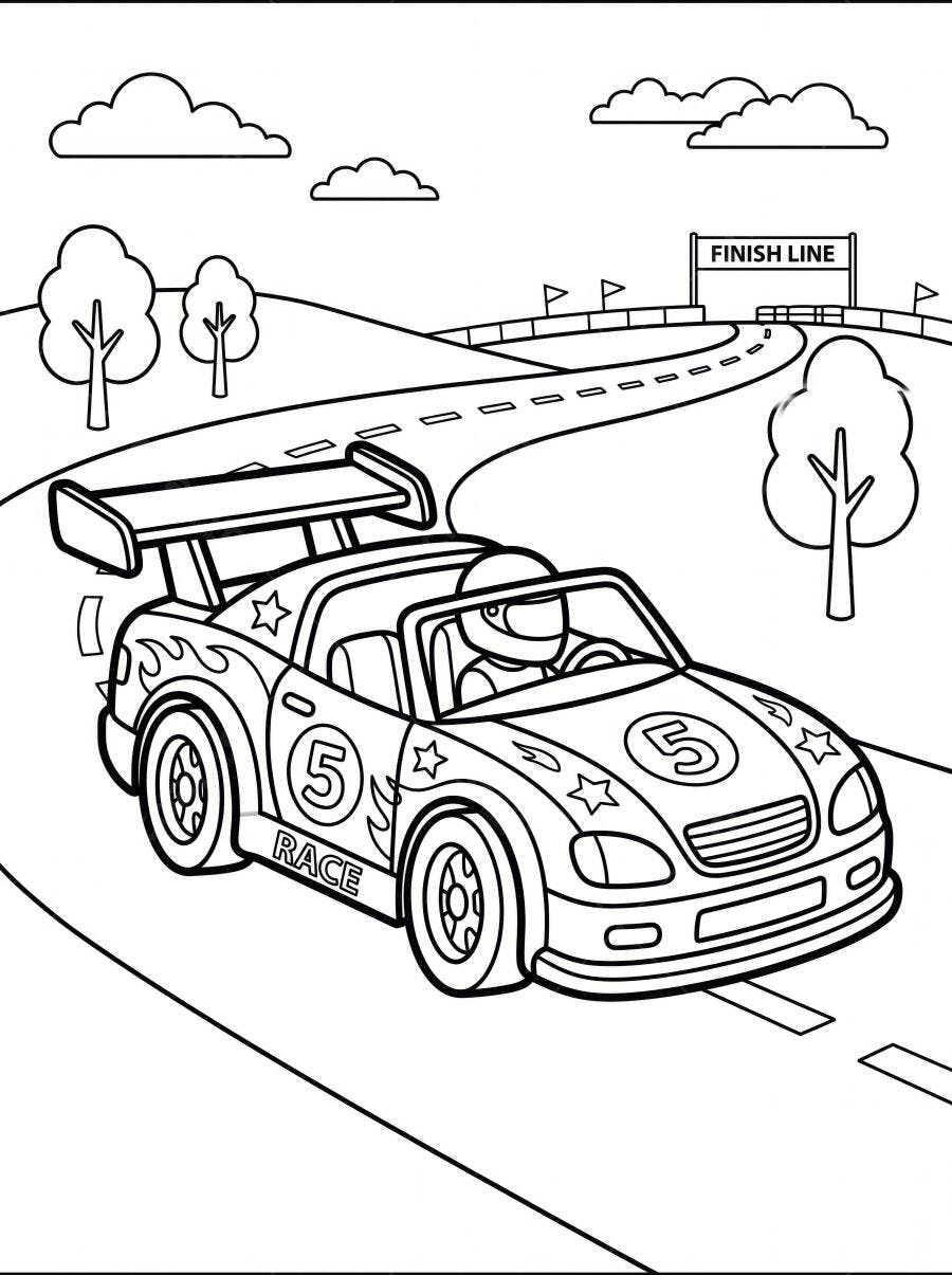 Desenho Carro de Corrida Pista Linha de Chegada para Colorir