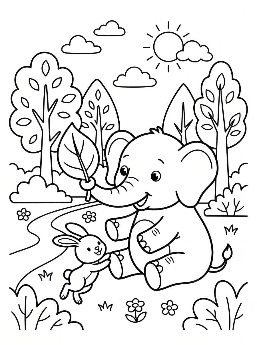 Desenho Elefante Coelho Floresta Para Colorir Infantil