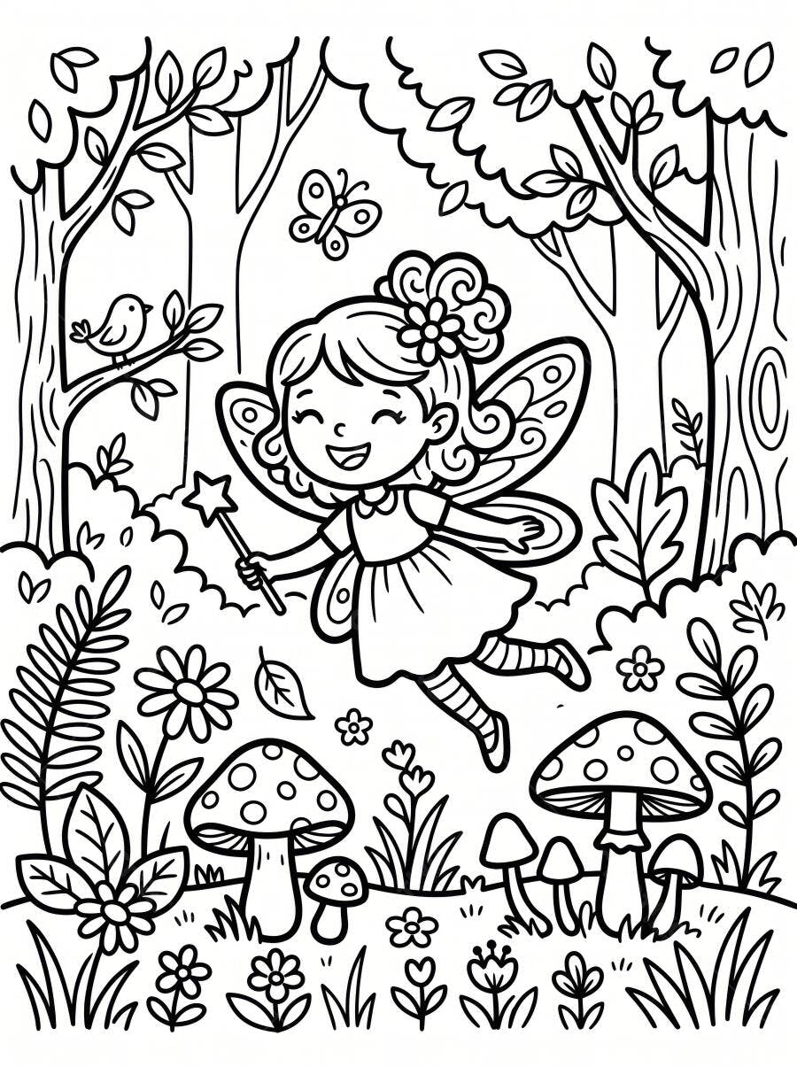 Desenho Fada Voando Floresta Encantada para Colorir