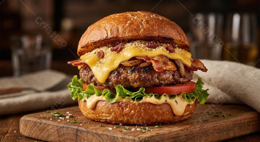 Foto Hambúrguer Artesanal Bacon Queijo Cheddar Batata Palha