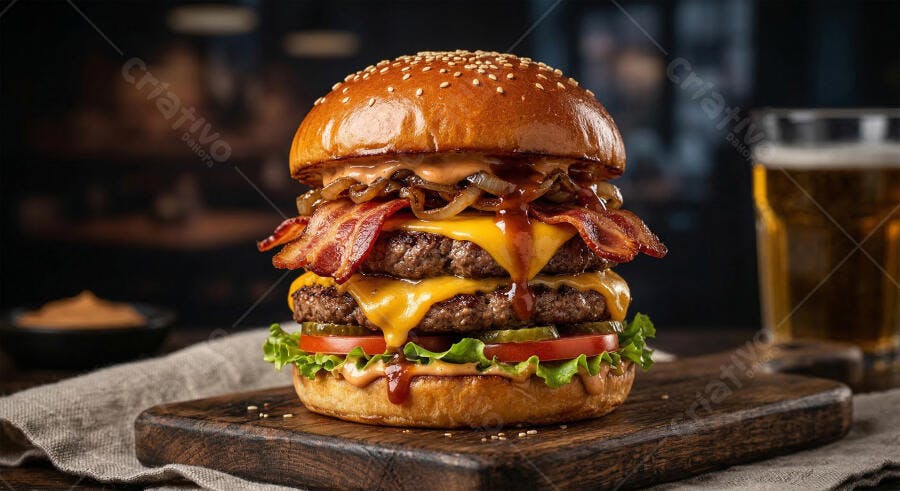 Foto Hambúrguer Artesanal Duplo Bacon Cheddar Cerveja Fundo Escuro
