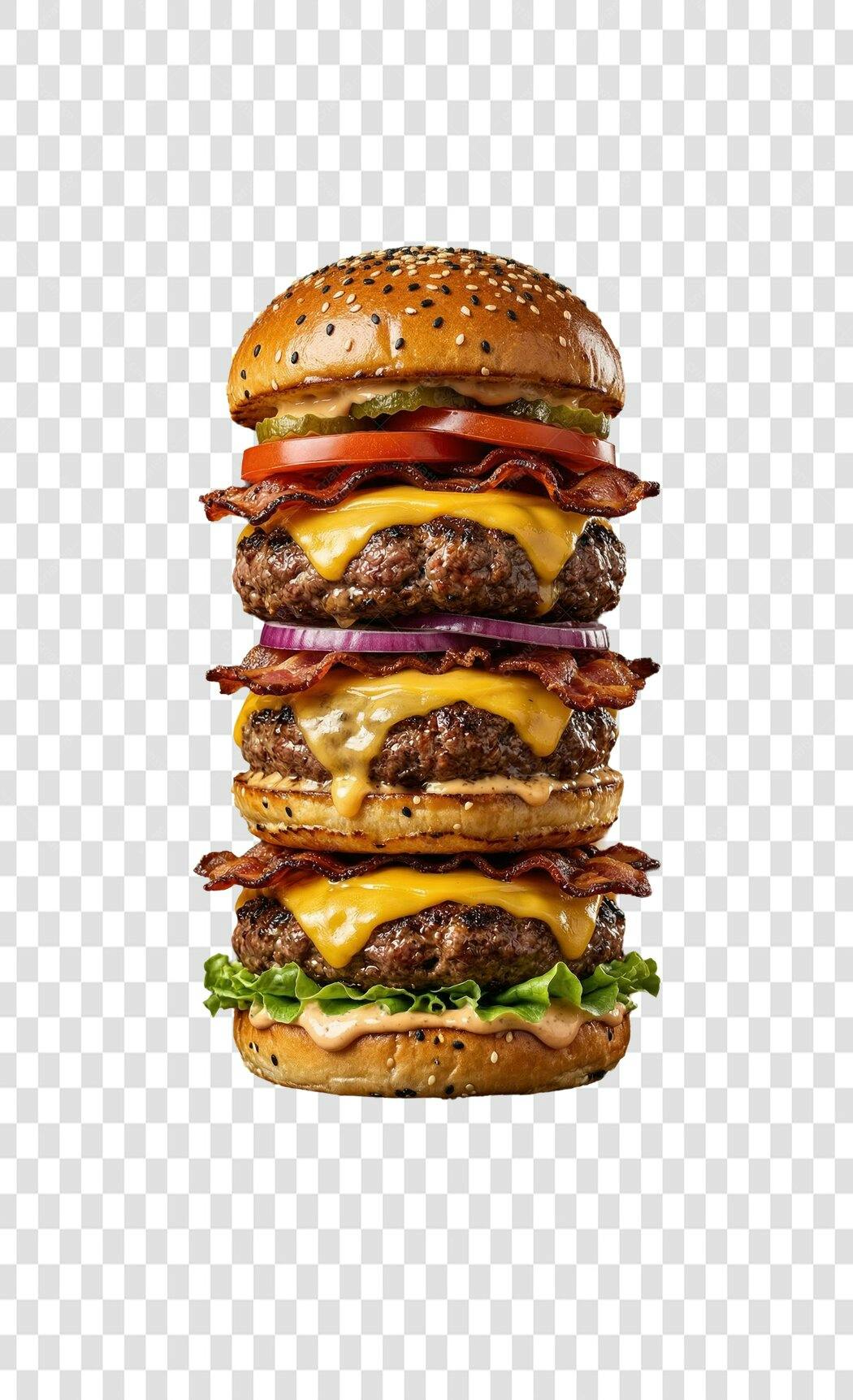Foto Recortada Hambúrguer Triplo Bacon Queijo PNG Fundo Transparente
