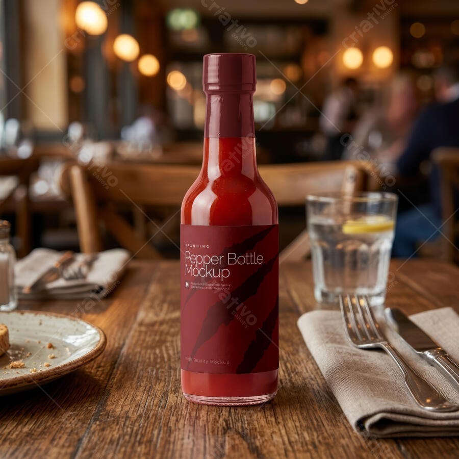 Mockup Garrafa Molho Pimenta Vidro Restaurante Editável