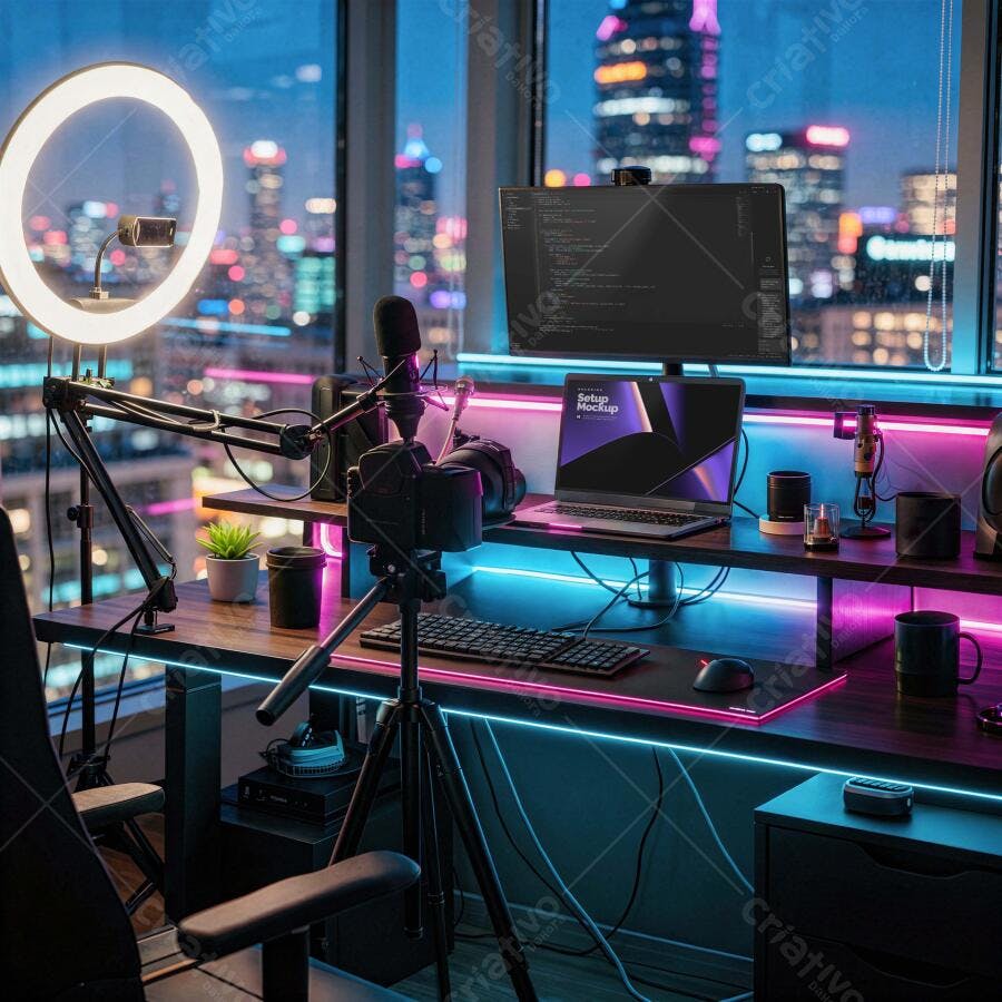 Mockup Notebook Gamer Setup Streamer Cidade Noturna Editável