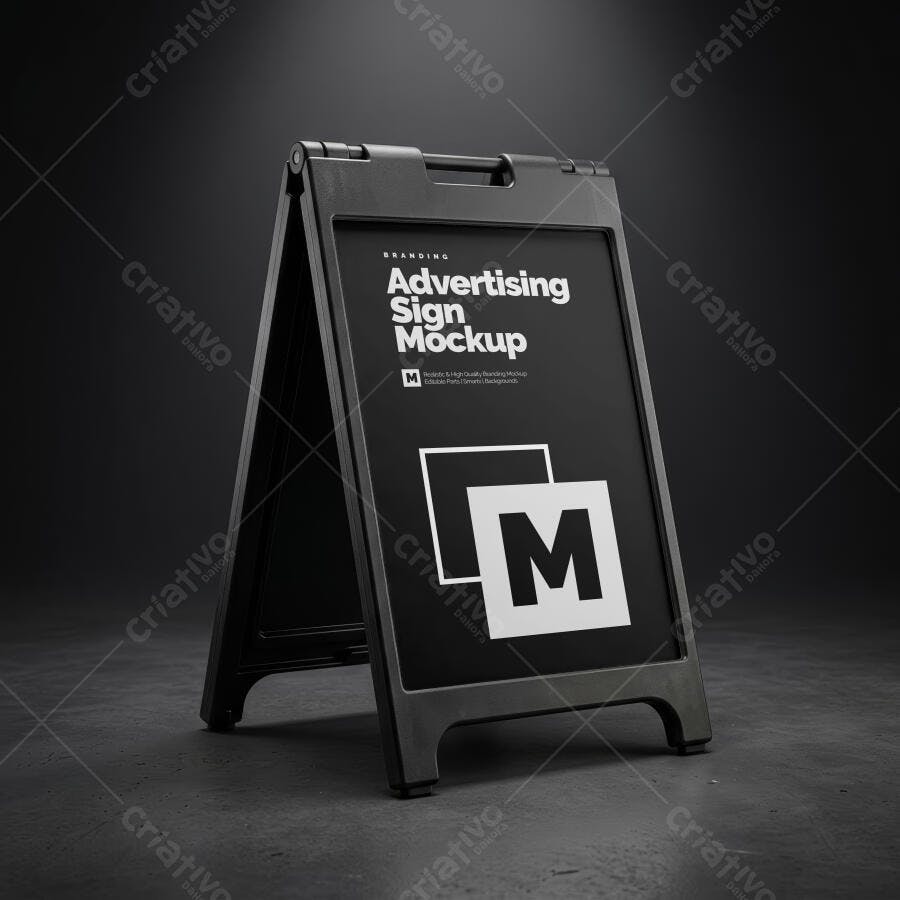 Mockup Placa Calçada A-Frame Frontal Fundo Escuro Editável