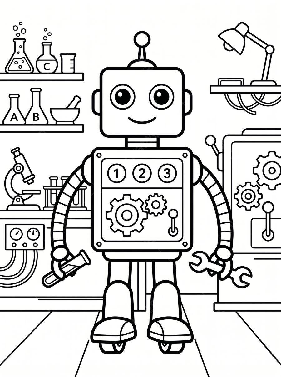 Robô Desenho Infantil Cientista Laboratório Ilustração