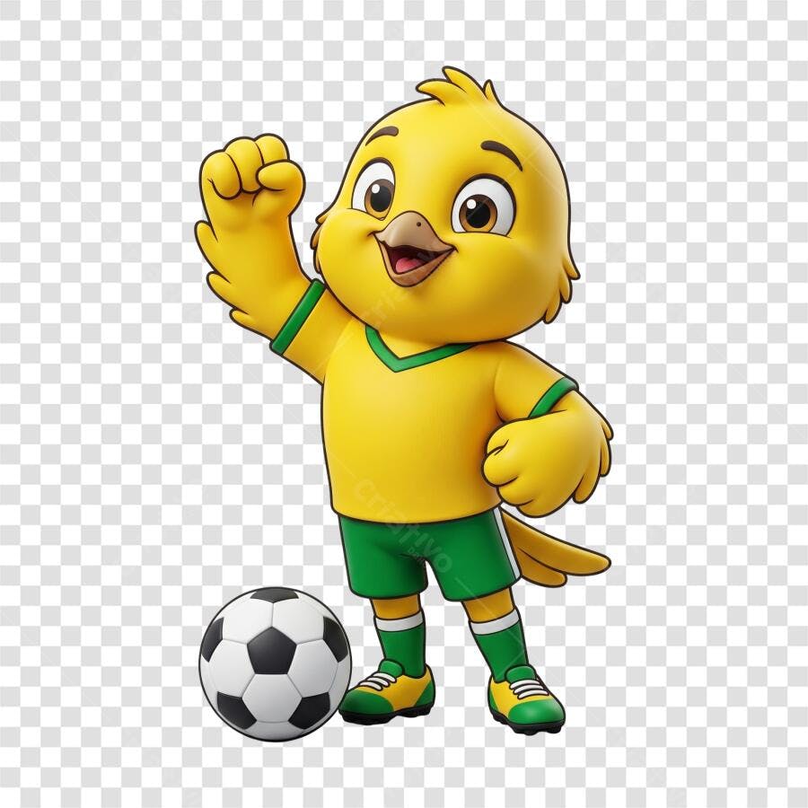 Mascote Canarinho de Futebol com Bola e Uniforme Brasileiro PNG Transparente