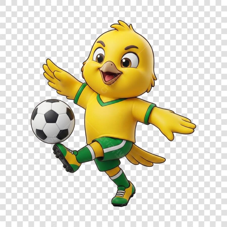 Mascote de Canarinho Jogador de Futebol com Uniforme do Brasil PNG Transparente