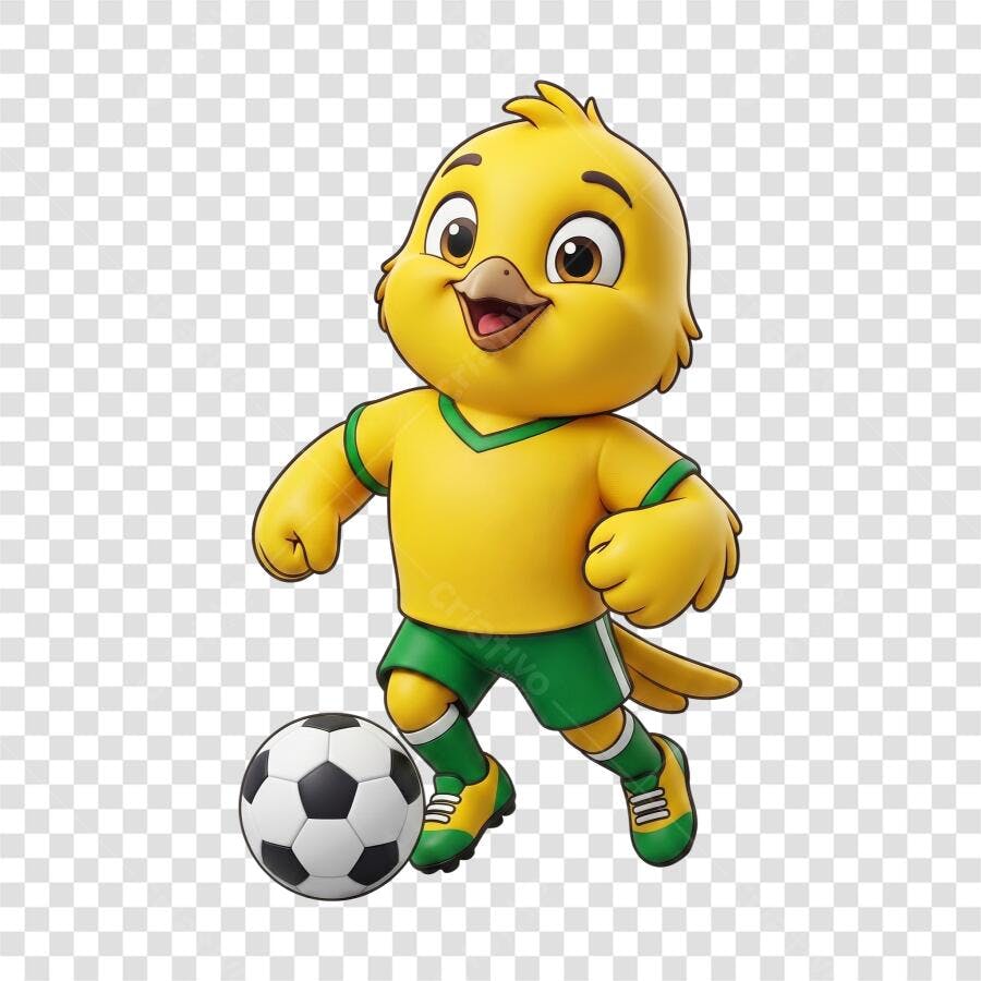 Mascote Canarinho Amarelo Jogador de Futebol em 3D PNG Transparente