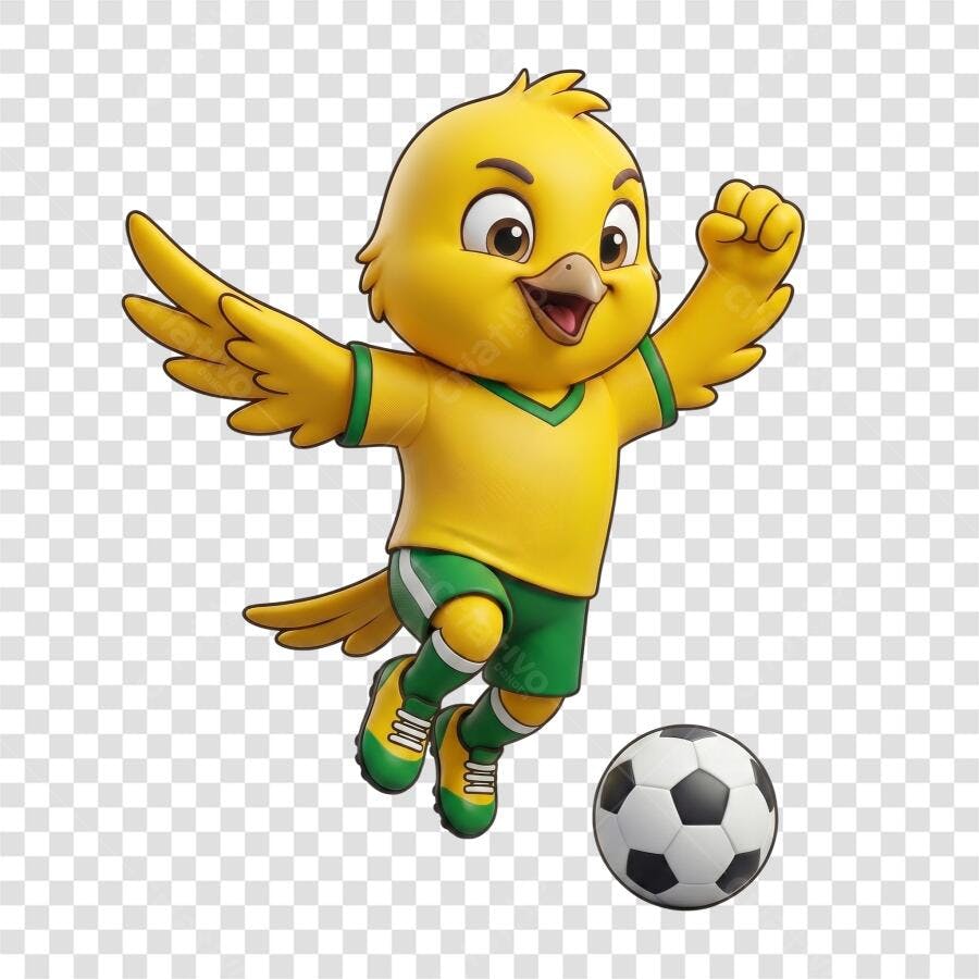 Canarinho Brasileiro Mascote de Futebol Chutando Bola 3D PNG Transparente