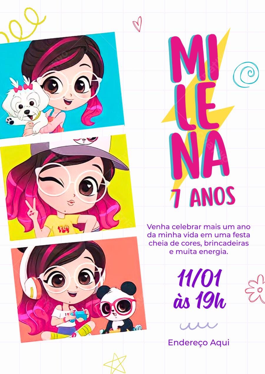 Convite Aniversário Infantil Milena Luluca 7 Anos Editável