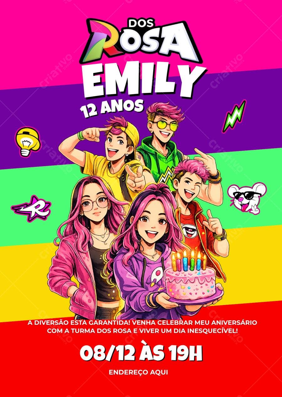 Convite Aniversário Turma da Rosa Emily 12 Anos Editável