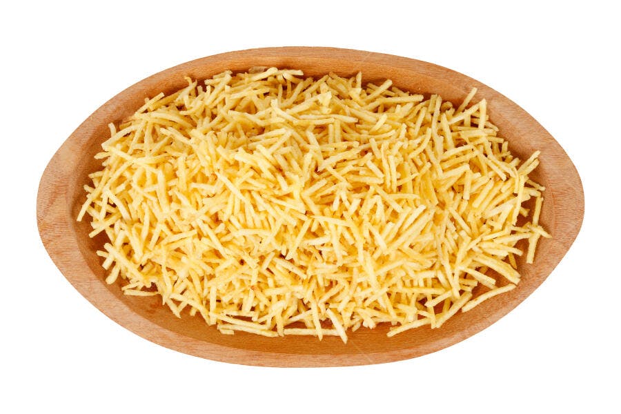 Foto Batata Palha Frita Tigela Madeira Isolado Fundo Branco