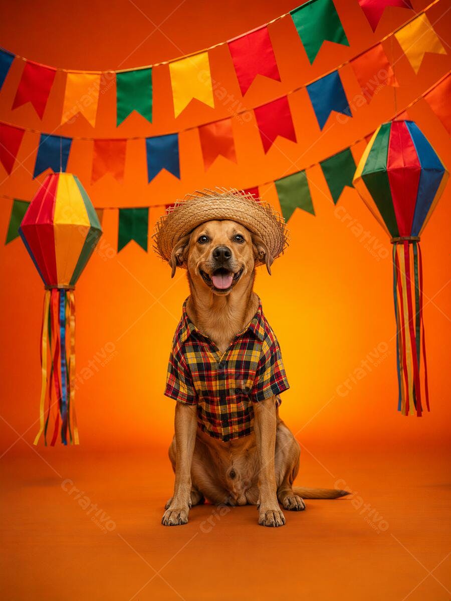 Foto Cachorro Fantasiado Festa Junina Chapéu Palha Xadrez