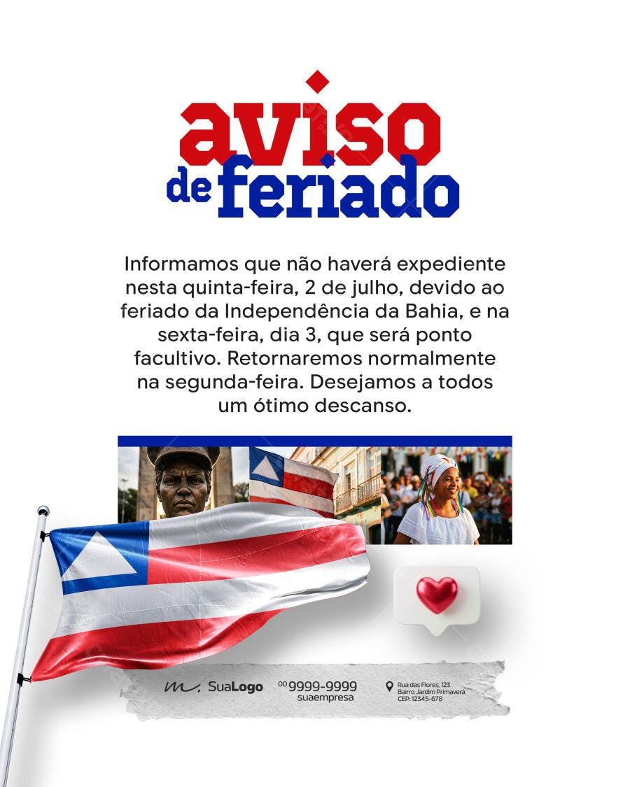 Post Instagram Aviso Feriado Independência da Bahia PSD Editável