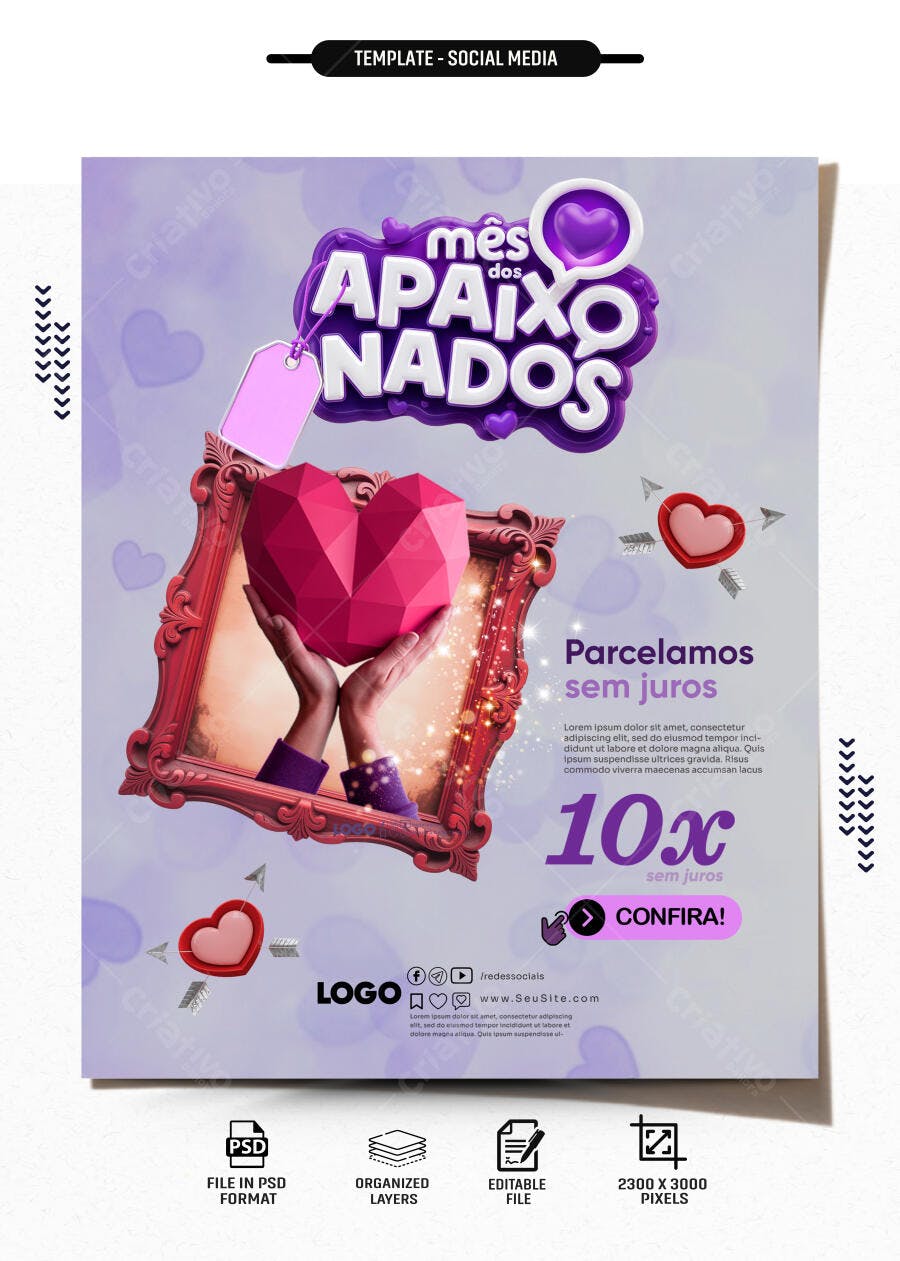 Post Instagram Mês dos Apaixonados PSD Editável