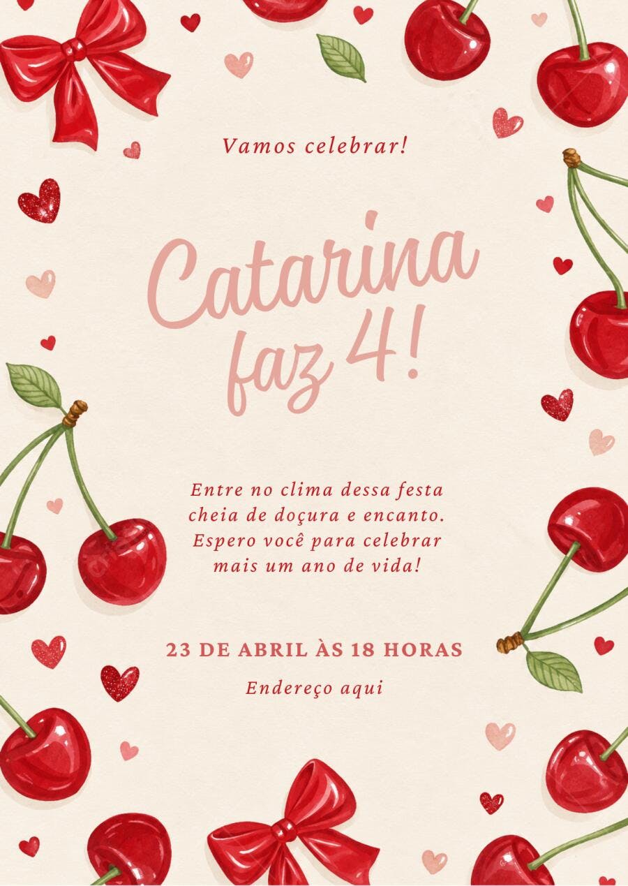 Convite Aniversário Cereja 4 Anos Infantil Editável