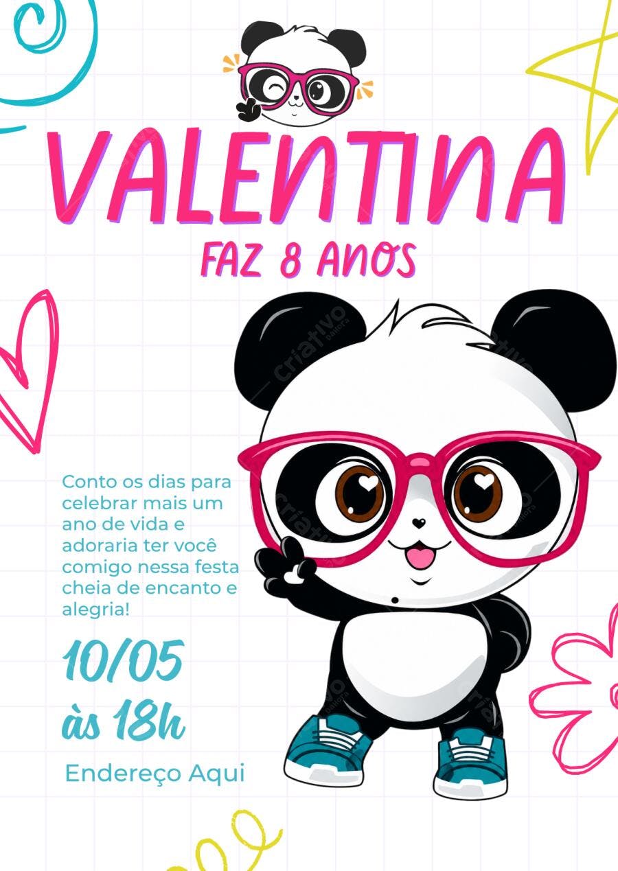 Convite Aniversário Infantil Panda Luluca 8 Anos Editável