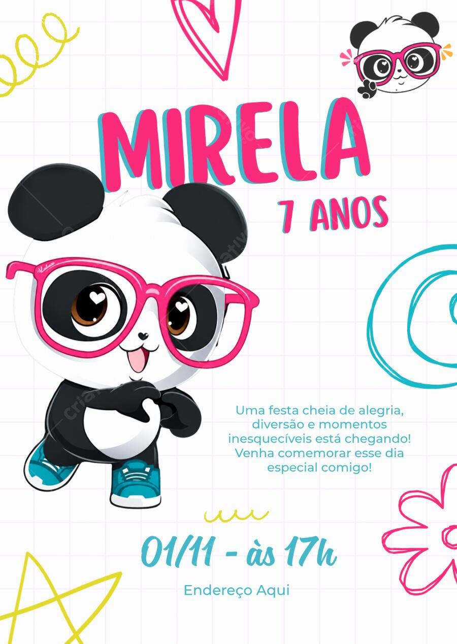 Convite Aniversário Infantil Panda Fofo Luluca 7 Anos Editável