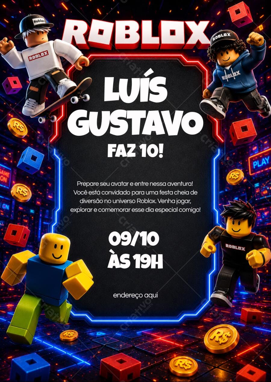Convite Aniversário Roblox 10 Anos Editável Digital