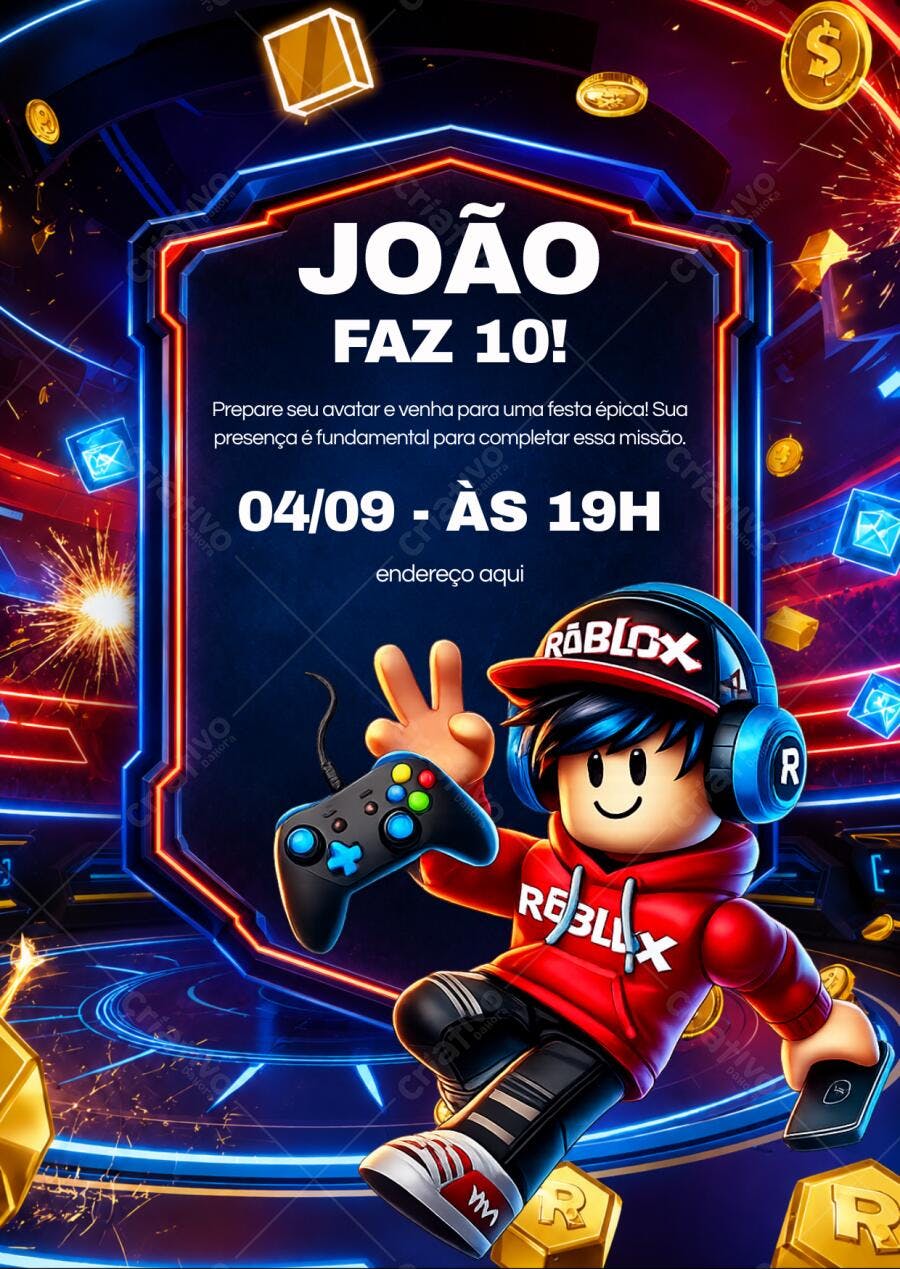 Convite Aniversário Roblox 10 Anos Editável Digital