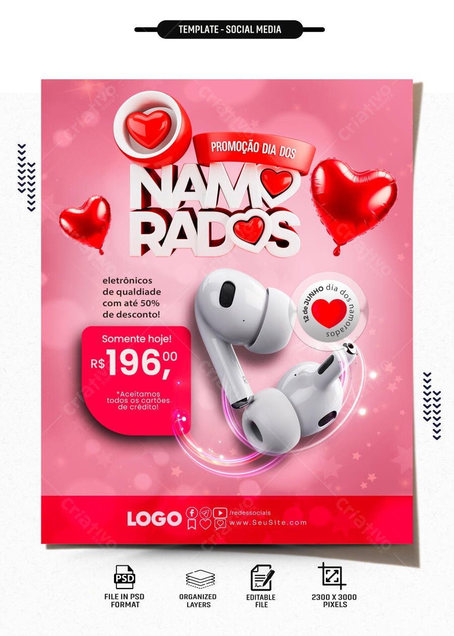Post Instagram Dia dos Namorados Eletrônicos PSD Editável