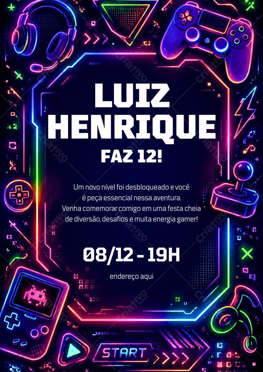 Convite de Aniversário Gamer Neon editável