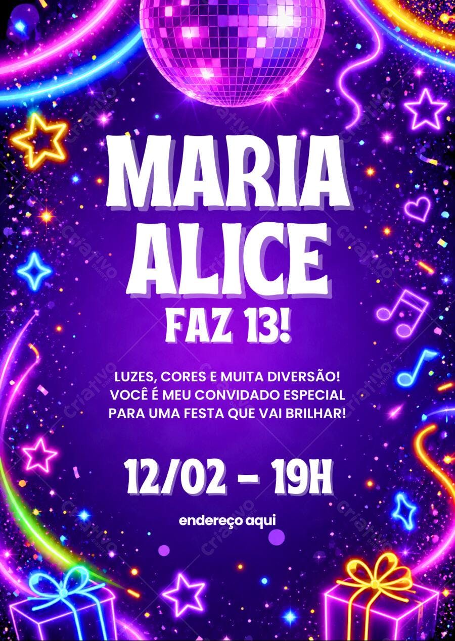 Convite de aniversário Glow Party editável