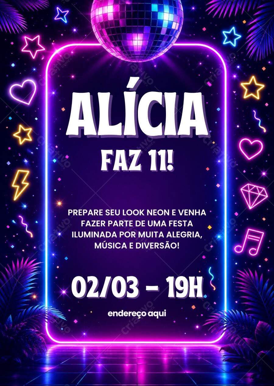 Convite de Aniversário Glow Party Neon