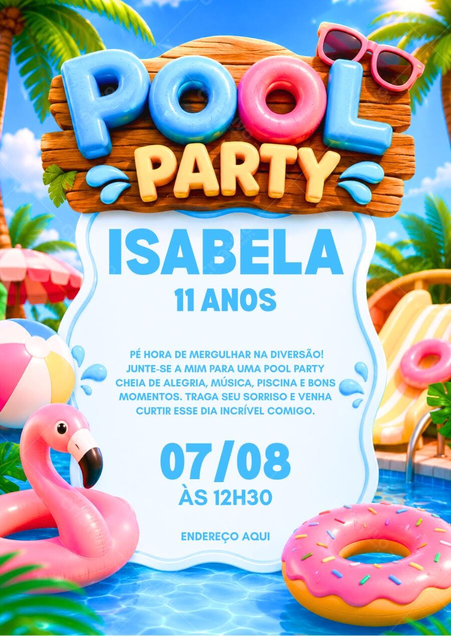 Convite de aniversário Festa na Piscina editável