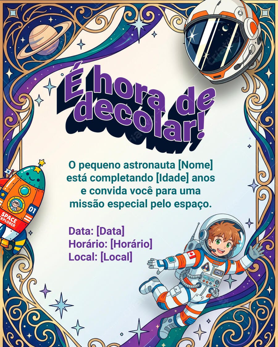 Convite Aniversário Astronauta Espaço Infantil PSD Editável
