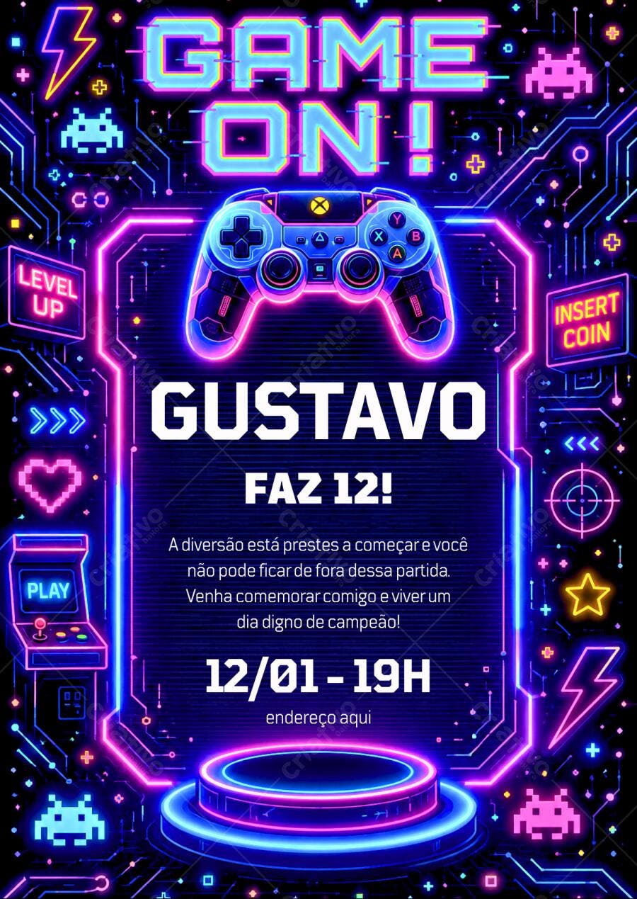 Convite Aniversário Gamer Neon 12 Anos Editável