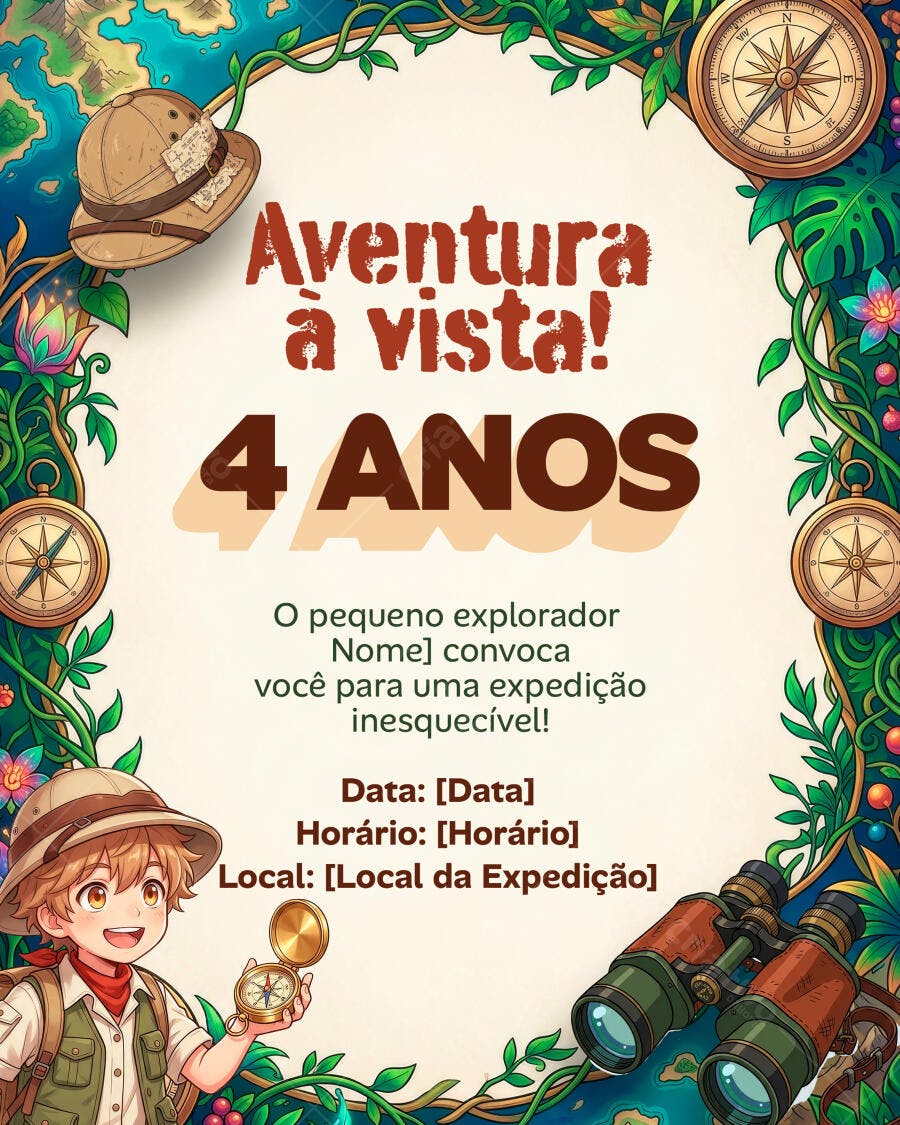 Convite Aniversário Infantil Aventura Explorador PSD Editável