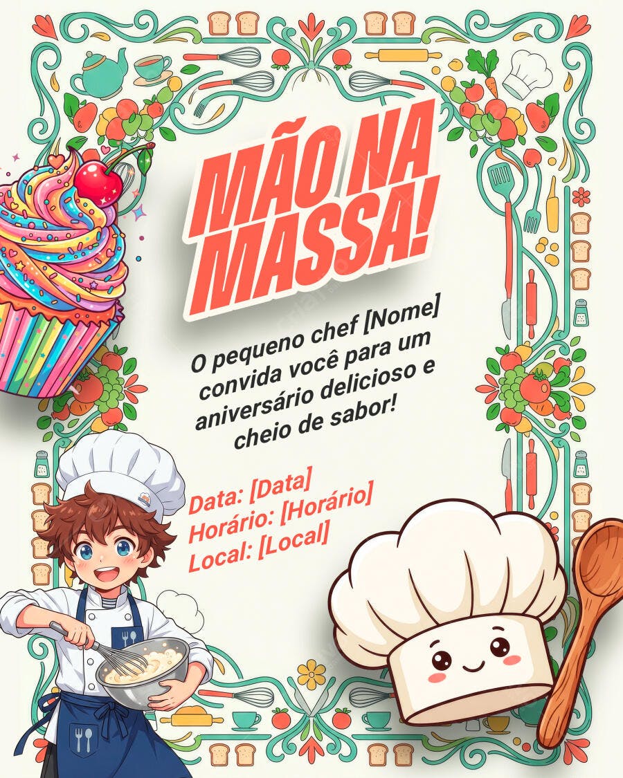Convite Aniversário Infantil Chef Cozinha PSD Editável