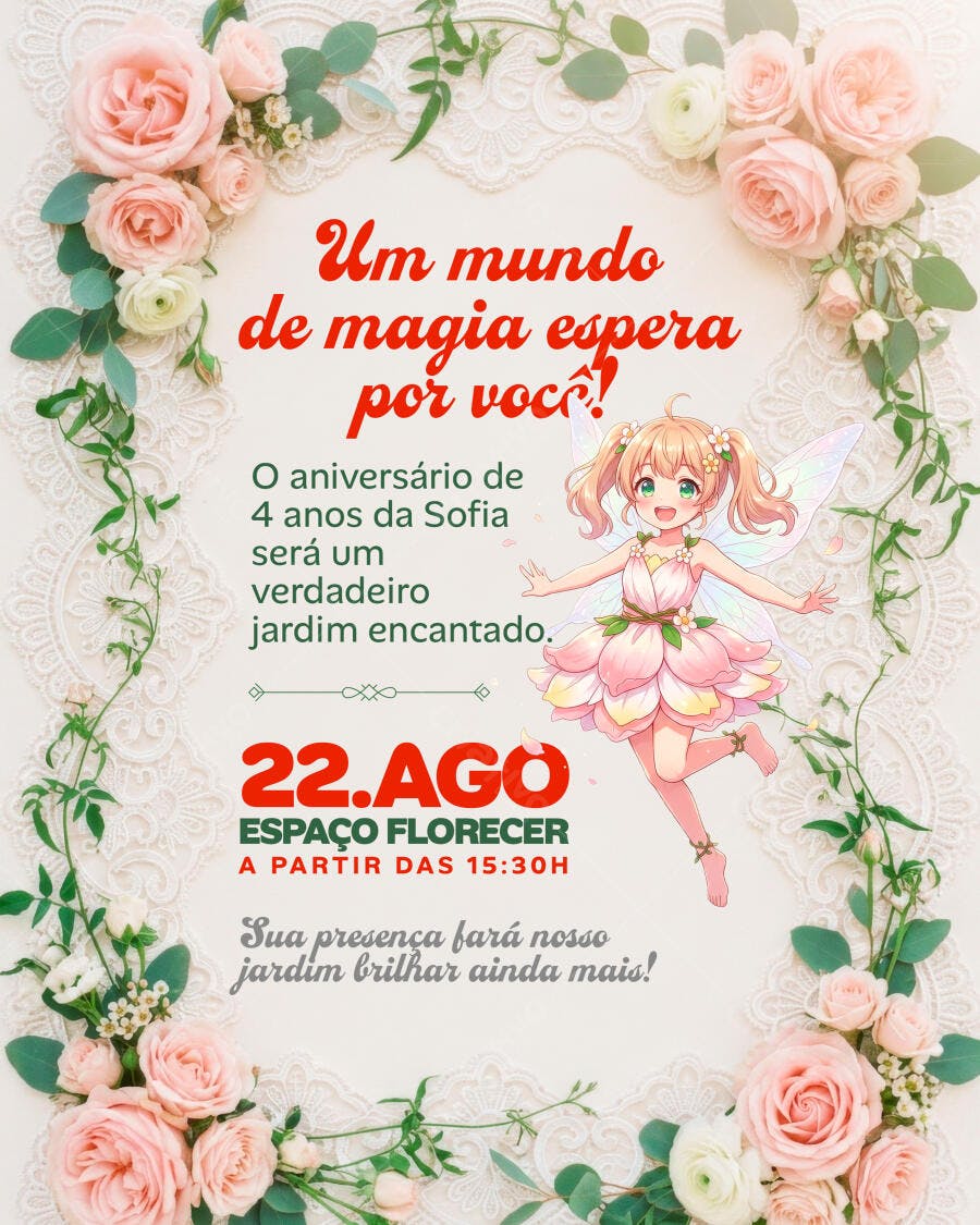 Convite Aniversário Infantil Fada Jardim Encantado PSD Editável