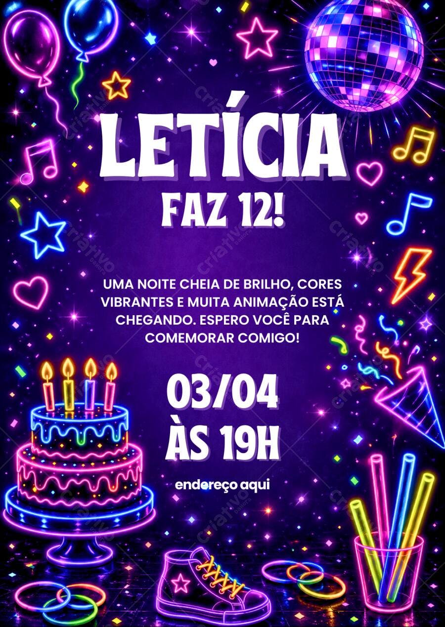 Convite Aniversário Neon Balada 12 Anos Editável