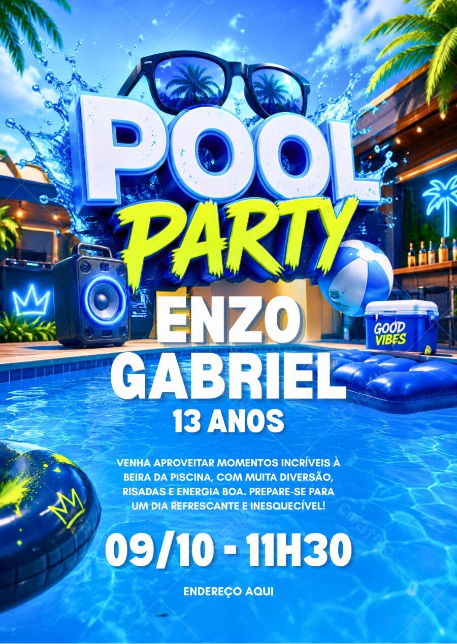 Convite Aniversário Pool Party 13 Anos Editável