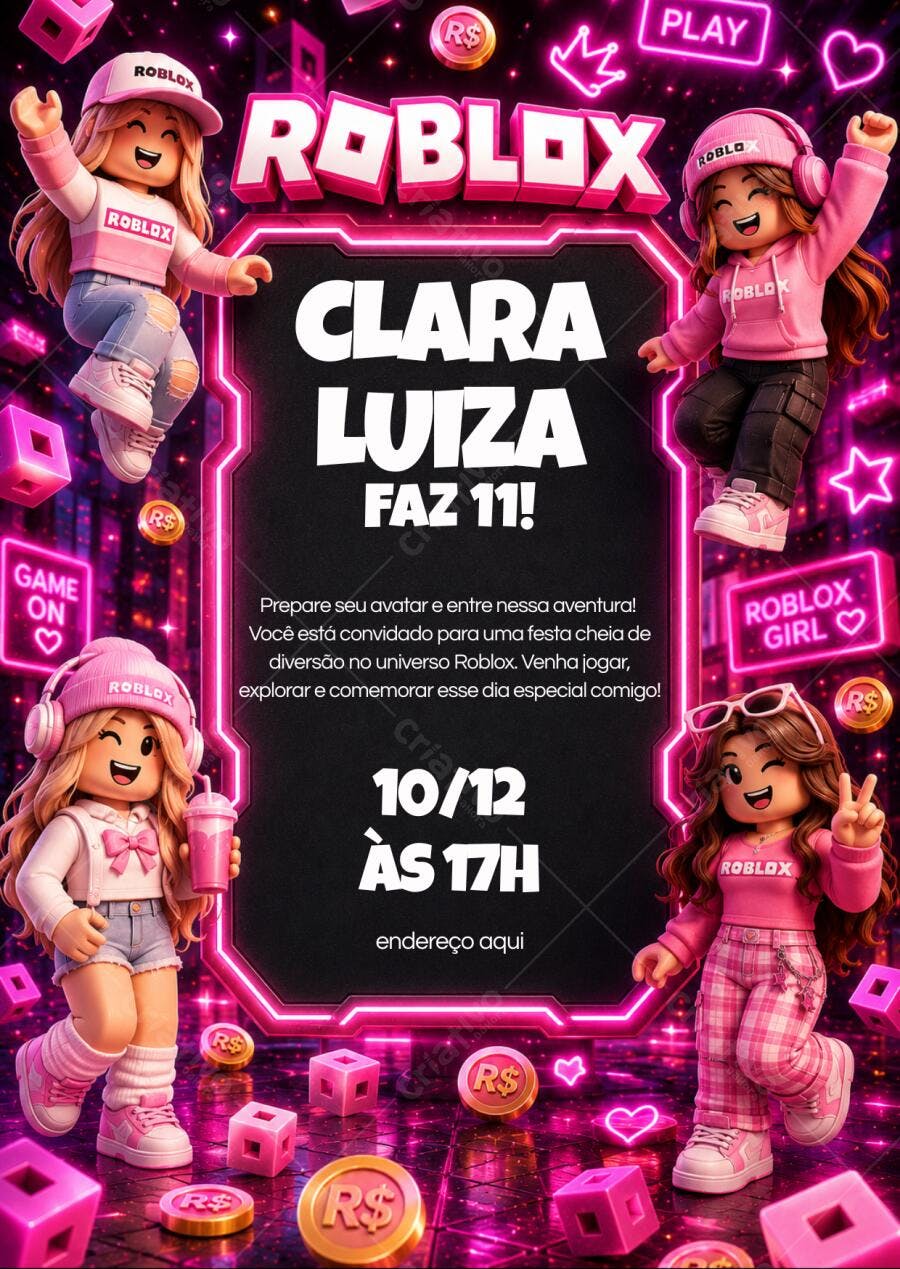 Convite Aniversário Roblox Menina 11 Anos Editável