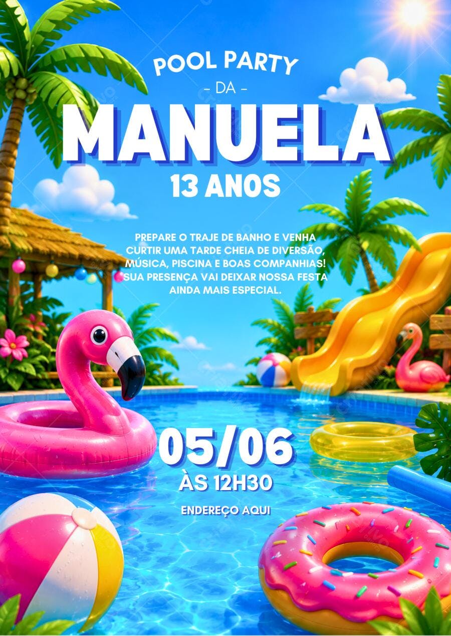 Convite Pool Party 13 Anos Flamingos Verão Editável