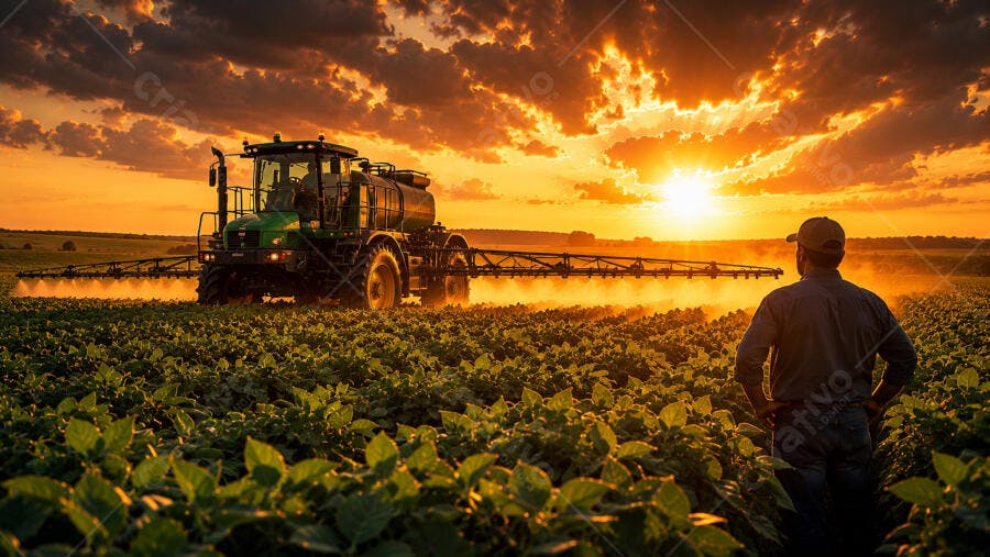 Foto Agrônomo Observando Trator Pulverizando Plantação Pôr do Sol