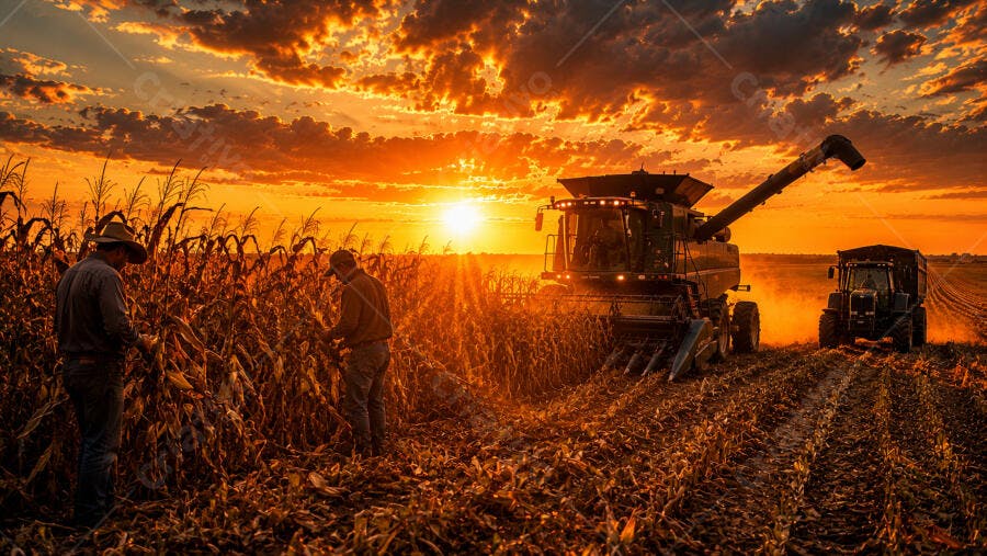 Foto Colheita Milho Fazenda Pôr do Sol Trator Agrícola