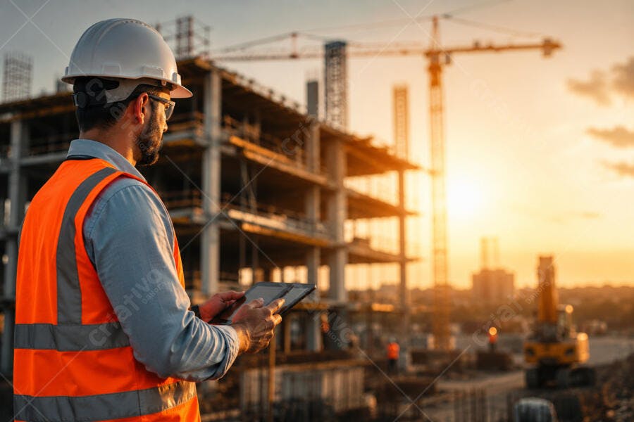 Foto Engenheiro Construção Civil Tablet Obra Pôr do Sol