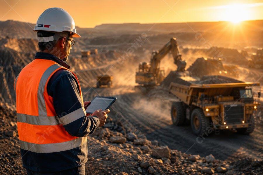 Foto Engenheiro Mineração Tablet Canteiro Obras Pôr do Sol