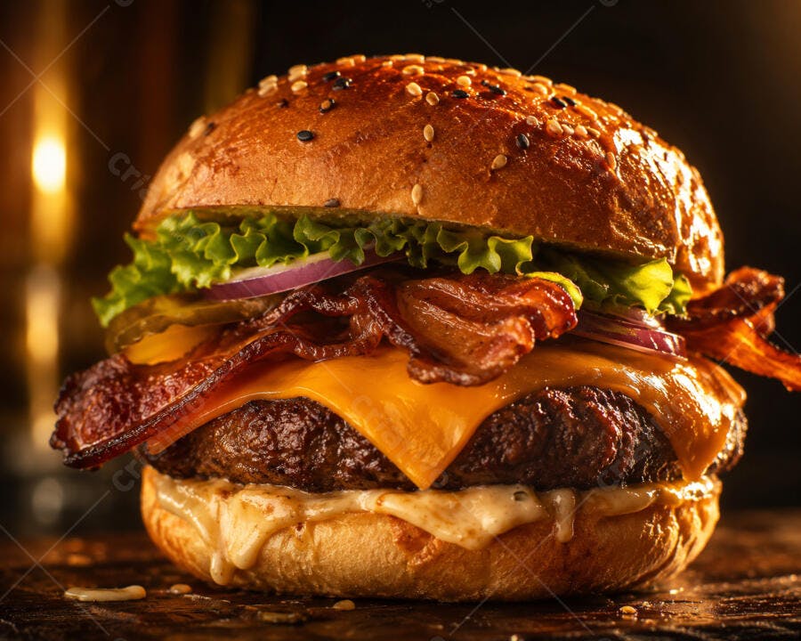 Foto Hambúrguer Artesanal Bacon Queijo Cheddar Fundo Escuro