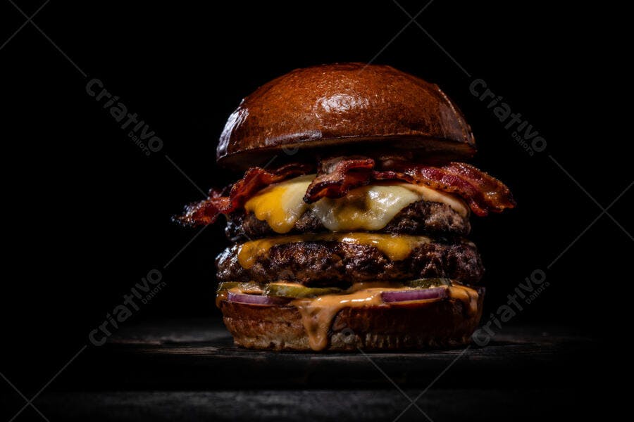 Foto Hambúrguer Artesanal Duplo Bacon e Queijo Fundo Escuro