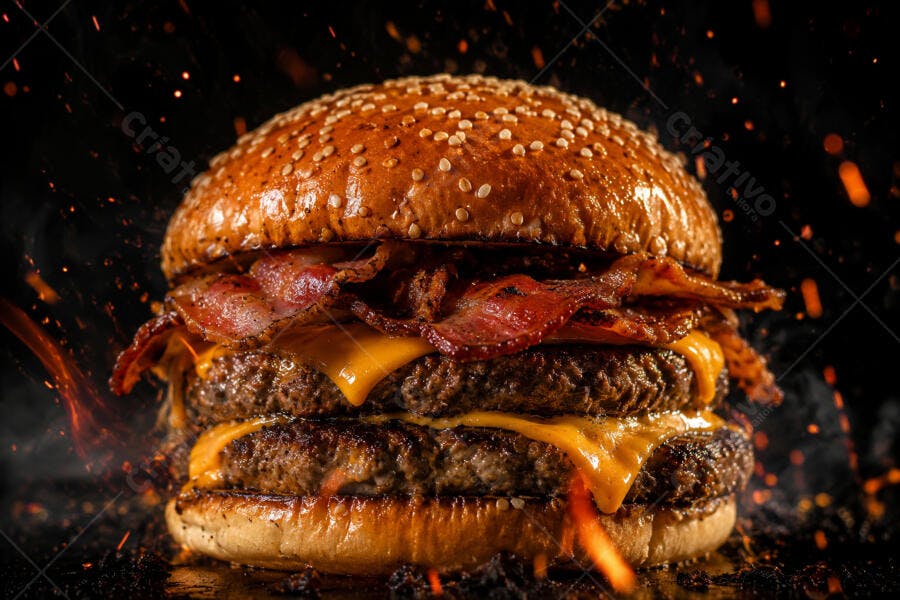 Foto Hambúrguer Artesanal Duplo Bacon Queijo Derretido Fogo