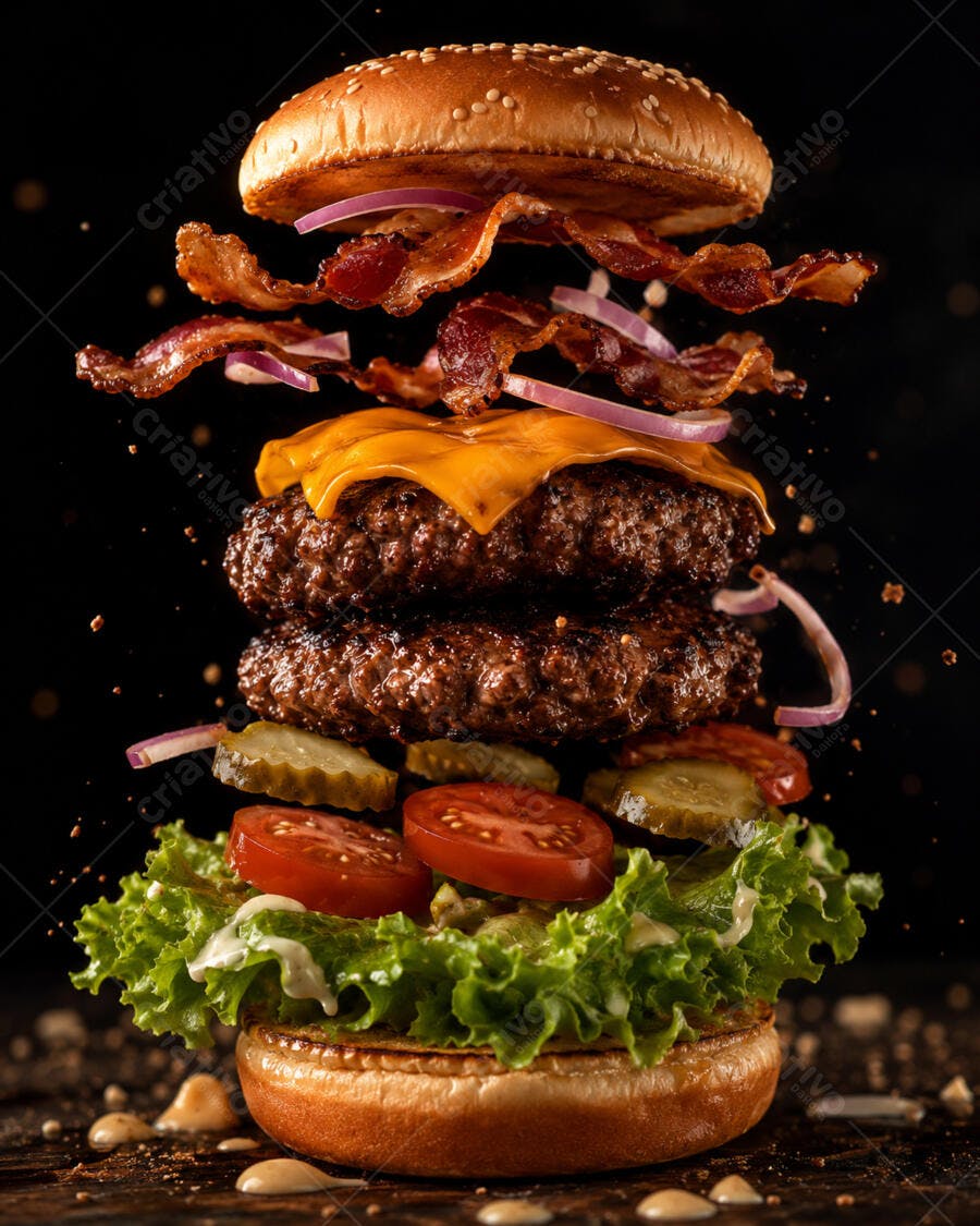 Foto Hambúrguer Artesanal Duplo Bacon Queijo Flutuando Estúdio