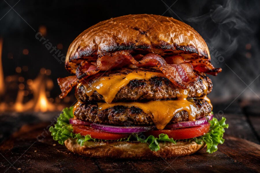 Foto Hambúrguer Artesanal Duplo Bacon Queijo Fogo Fundo Escuro
