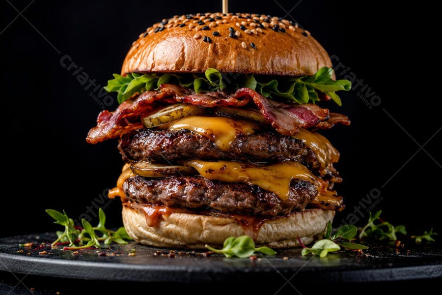 Foto Hambúrguer Artesanal Duplo Bacon Queijo Fundo Escuro